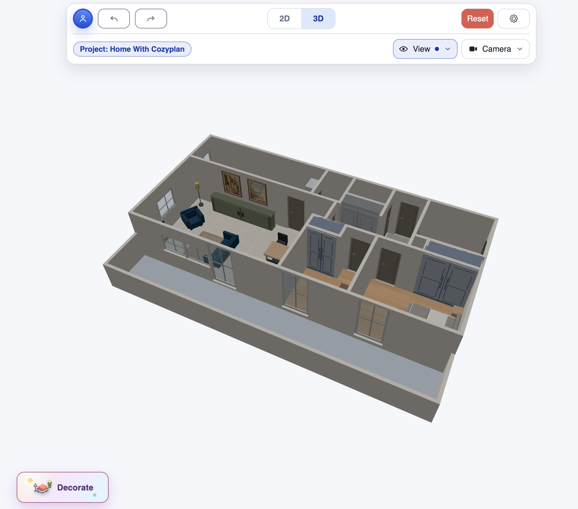Un appartement meublé affiché avec les outils de décoration responsive de CozyPlan sur ordinateur et mobile.