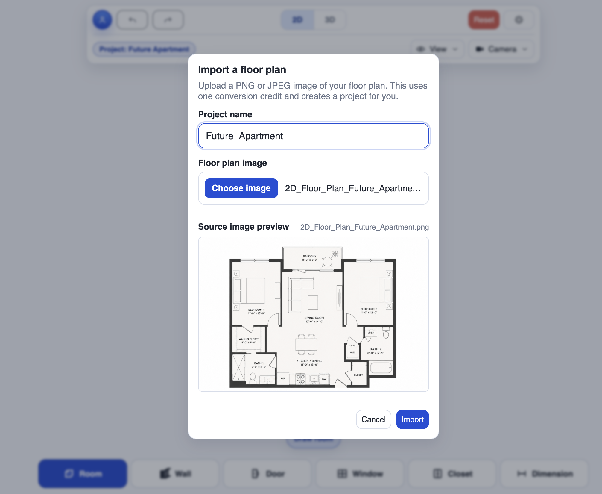 Fenetre d'import CozyPlan avec une image de plan 2D selectionnee avant conversion.