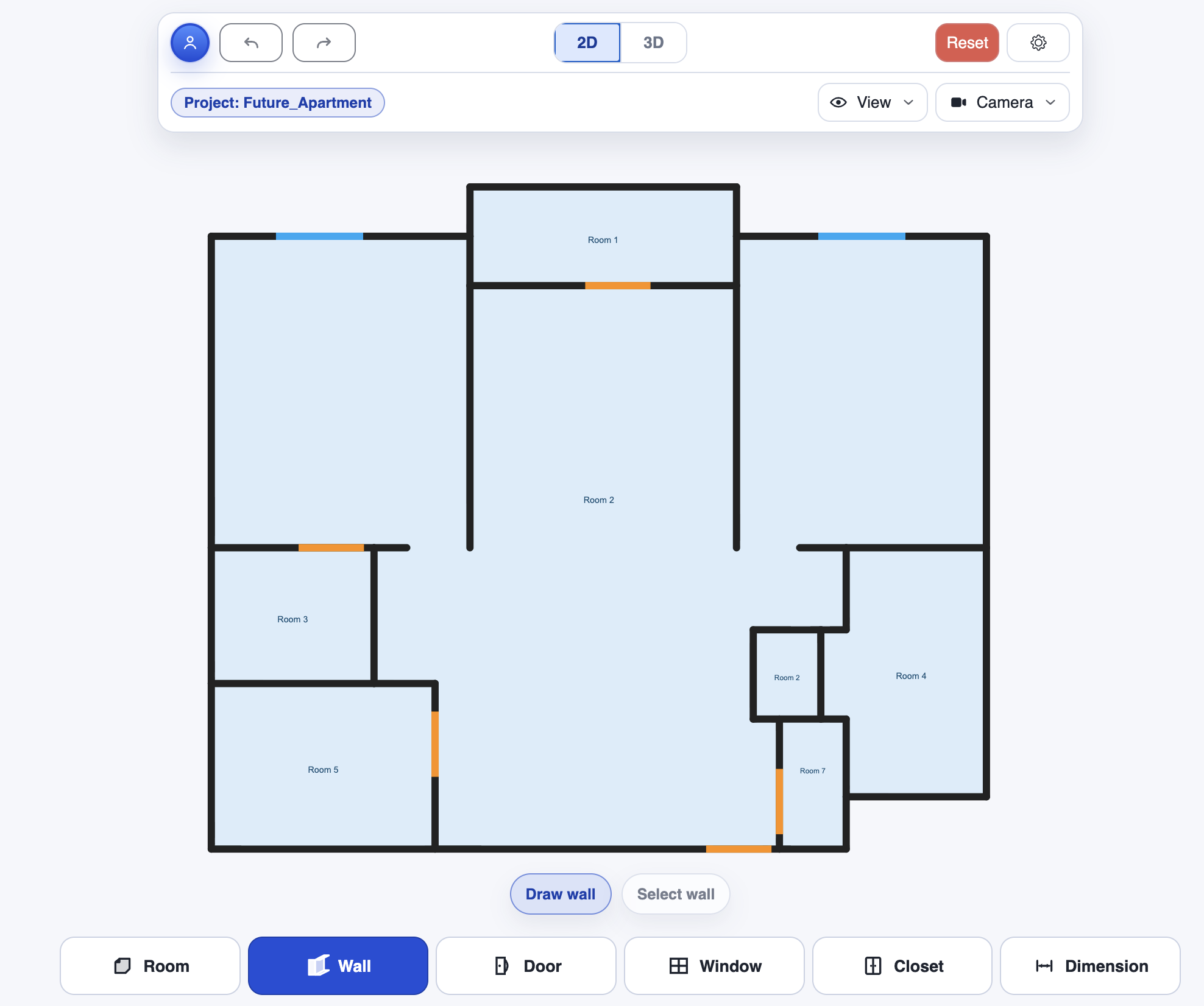 Editeur 2D CozyPlan apres detection IA des pieces, murs, portes et fenetres.