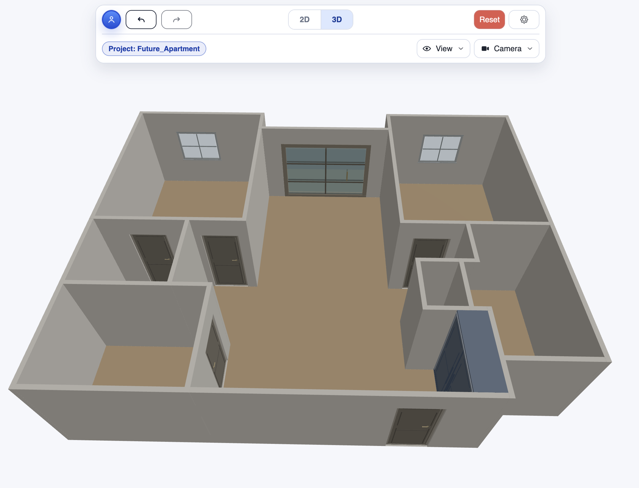 Apercu 3D CozyPlan du plan corrige depuis l'angle de la porte d'entree.